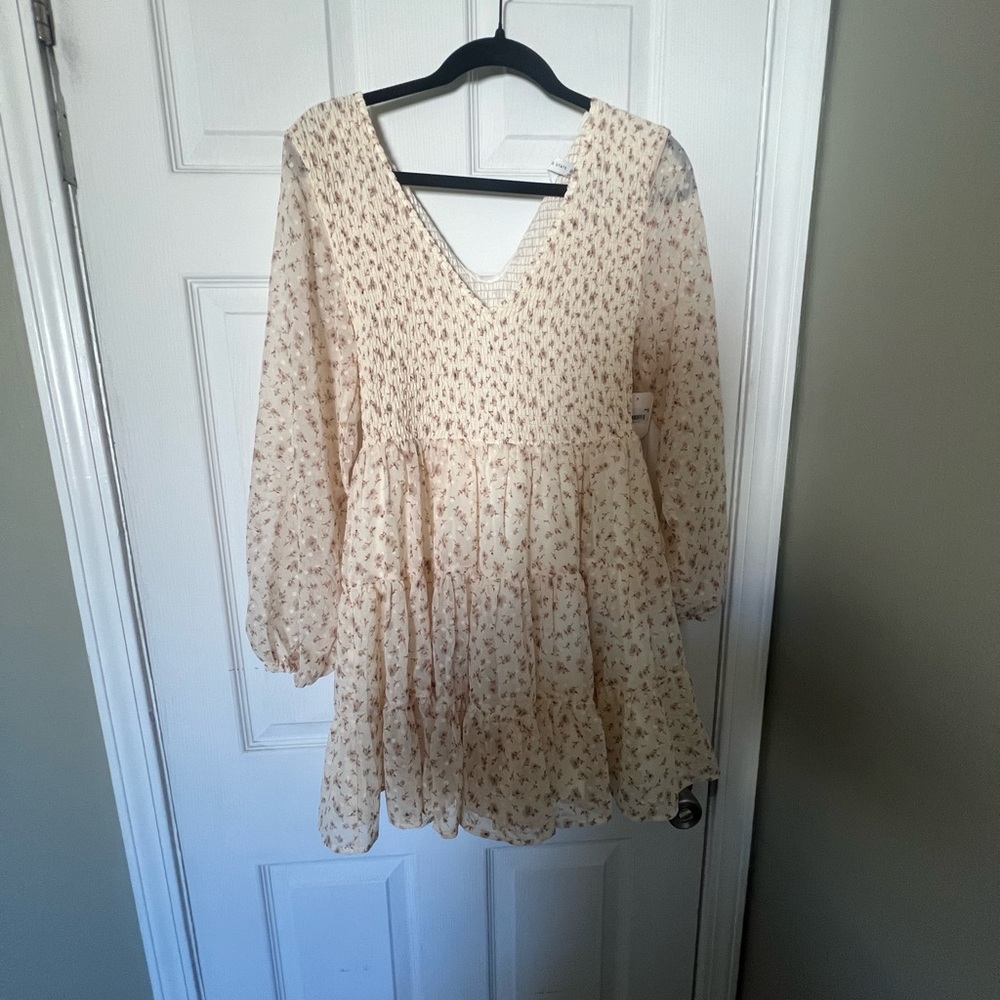Altar'd State Cream Floral Long-Sleeve V-Neck Tiered Mini Dress